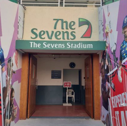 Outdoor entrance signage and branded vinyl wall graphics for The Sevens Stadium Dubai
